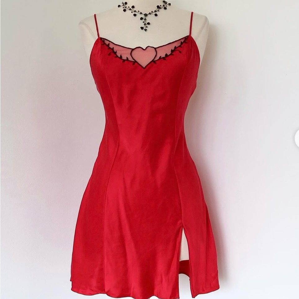 Victoria's Secret Red Satin Slip With Heart Appliqu